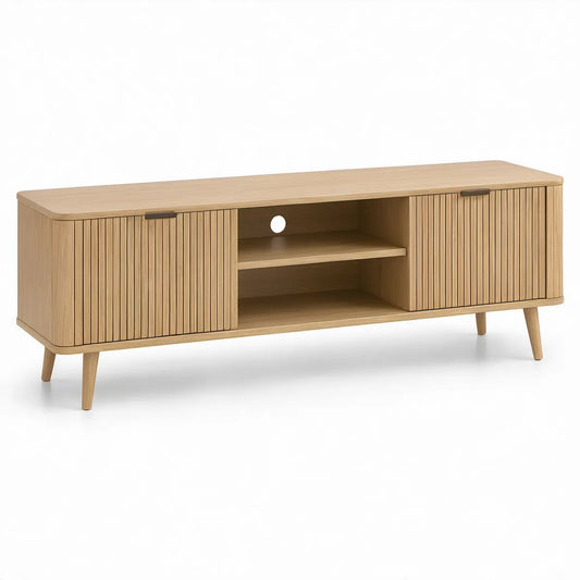 TV stolek z MDF v dekoru přírodního dubu se 2 posuvnými dvířky, 160 × 40 × 55 cm