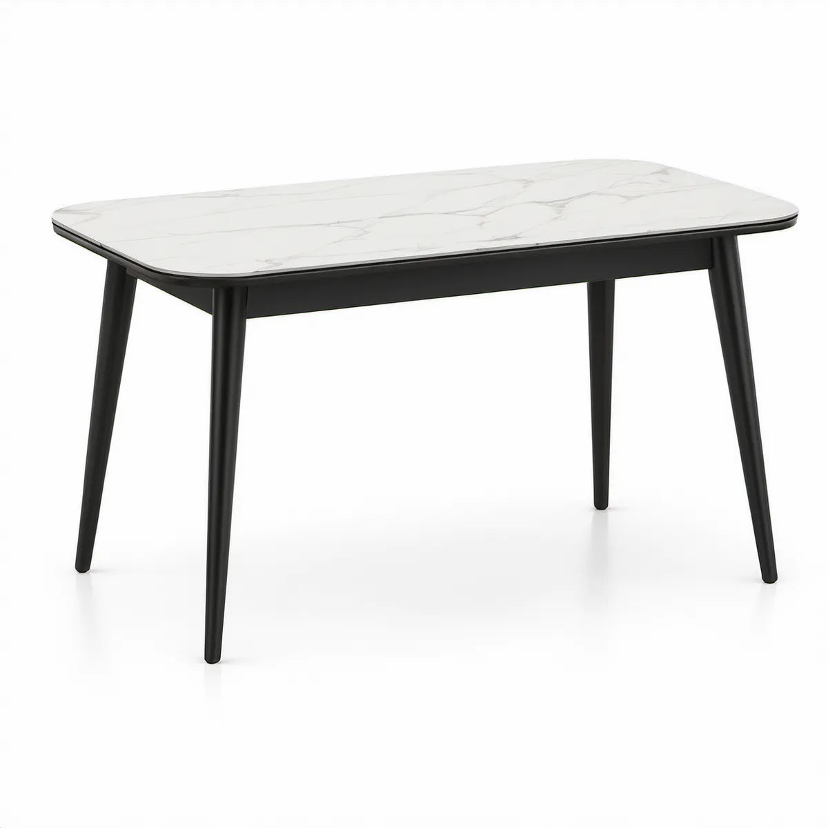 Jídelní stůl 120 × 80 × 75 cm s bílou keramickou deskou v mramorovém dekoru a černými ocelovými nohami