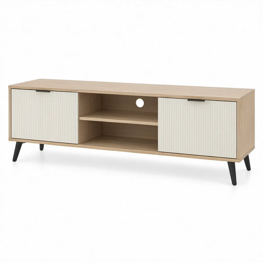 TV komoda se 2 dvířky a policí, 160 × 40 × 55 cm, světlý dub/krémová/černá