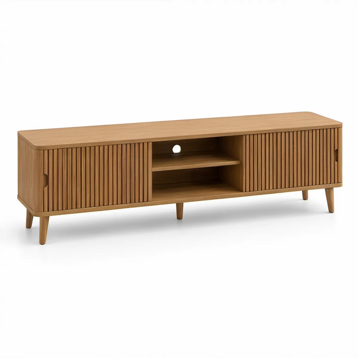 TV stolek se 2 posuvnými dvířky a otevřenými policemi, 160 × 40 × 55 cm, přírodní dub