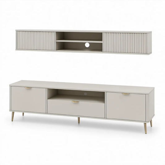 Sestava spodního a nástěnného modulu z MDF, kašmírově béžová/zlatá, spodní modul 180 × 40 × 50 cm, horní modul 180 × 30 × 35 cm